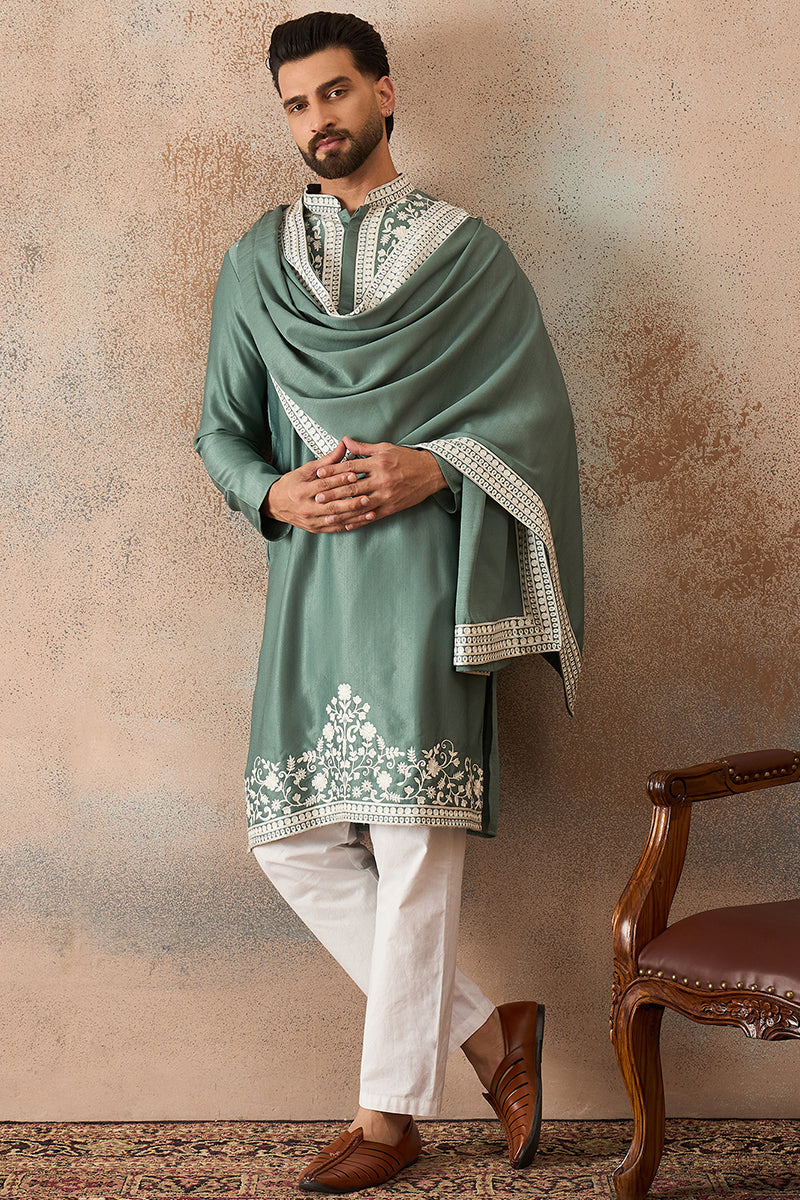 Mens Green Silk Blend Solid Embroidered Kurta Trouser With Dupatta