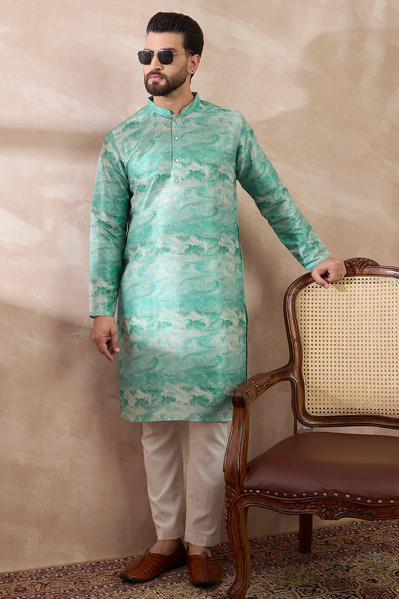 Green Silk Blend Printed Mandarin Collar Straight Kurta With Trouser