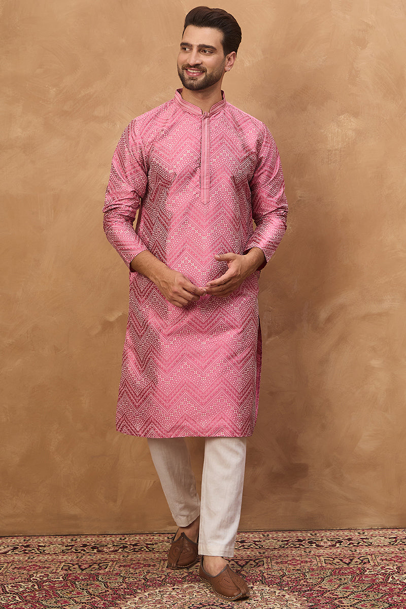 pink silk blend geometric printed straight kurta