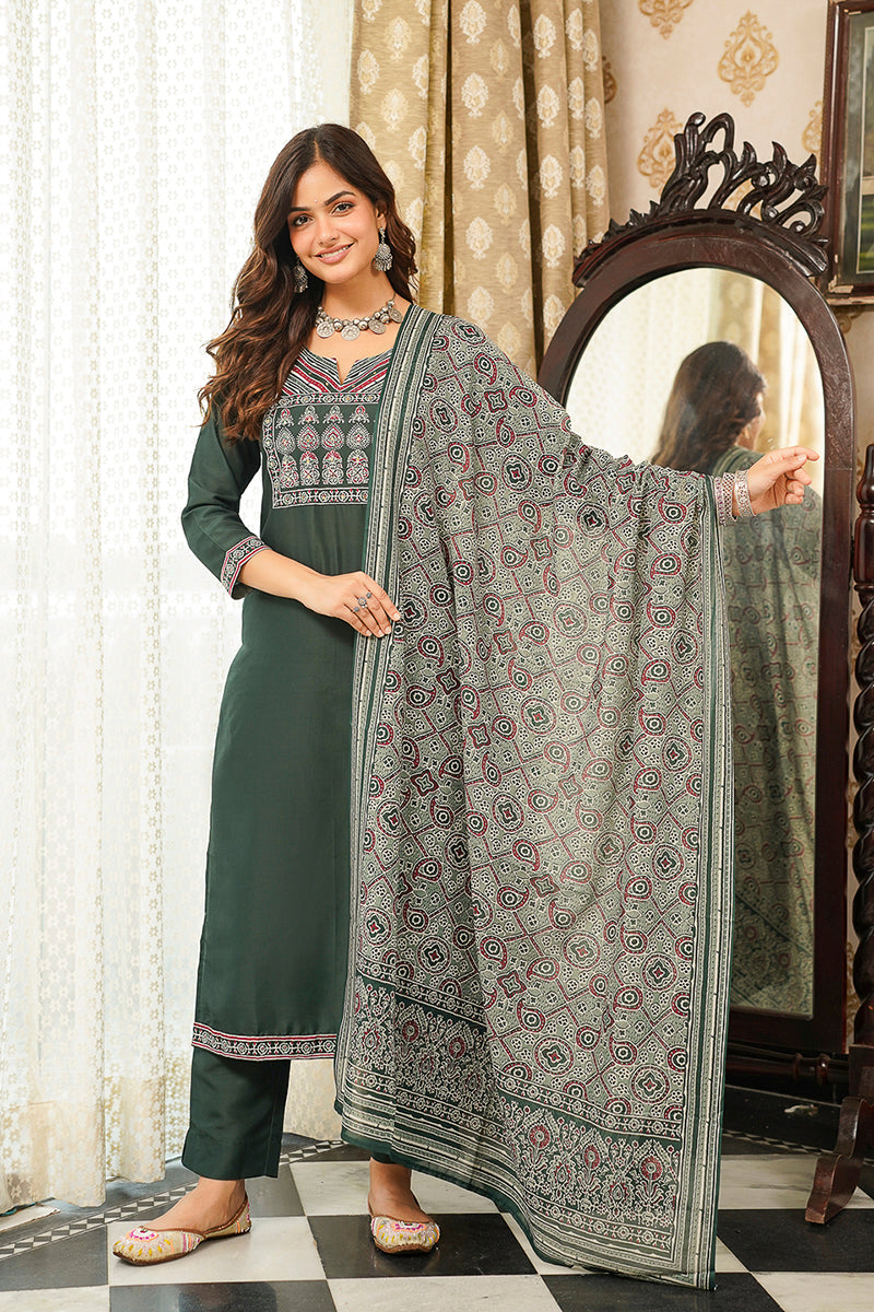 green rayon blend ajrakh printed straight kurta trousers with dupatta 