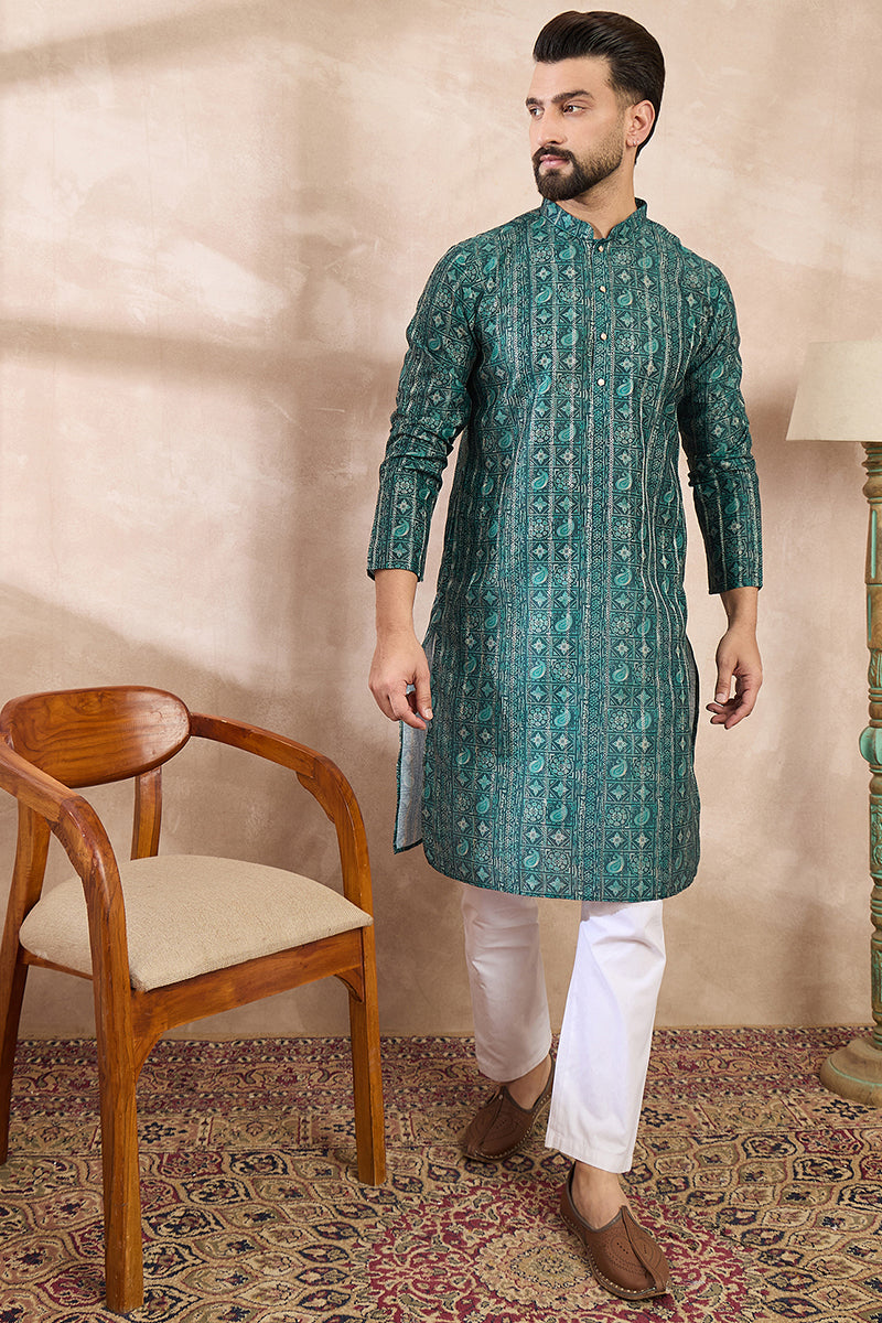 Green Silk Blend Ethnic Motifs Printed Straight Kurta