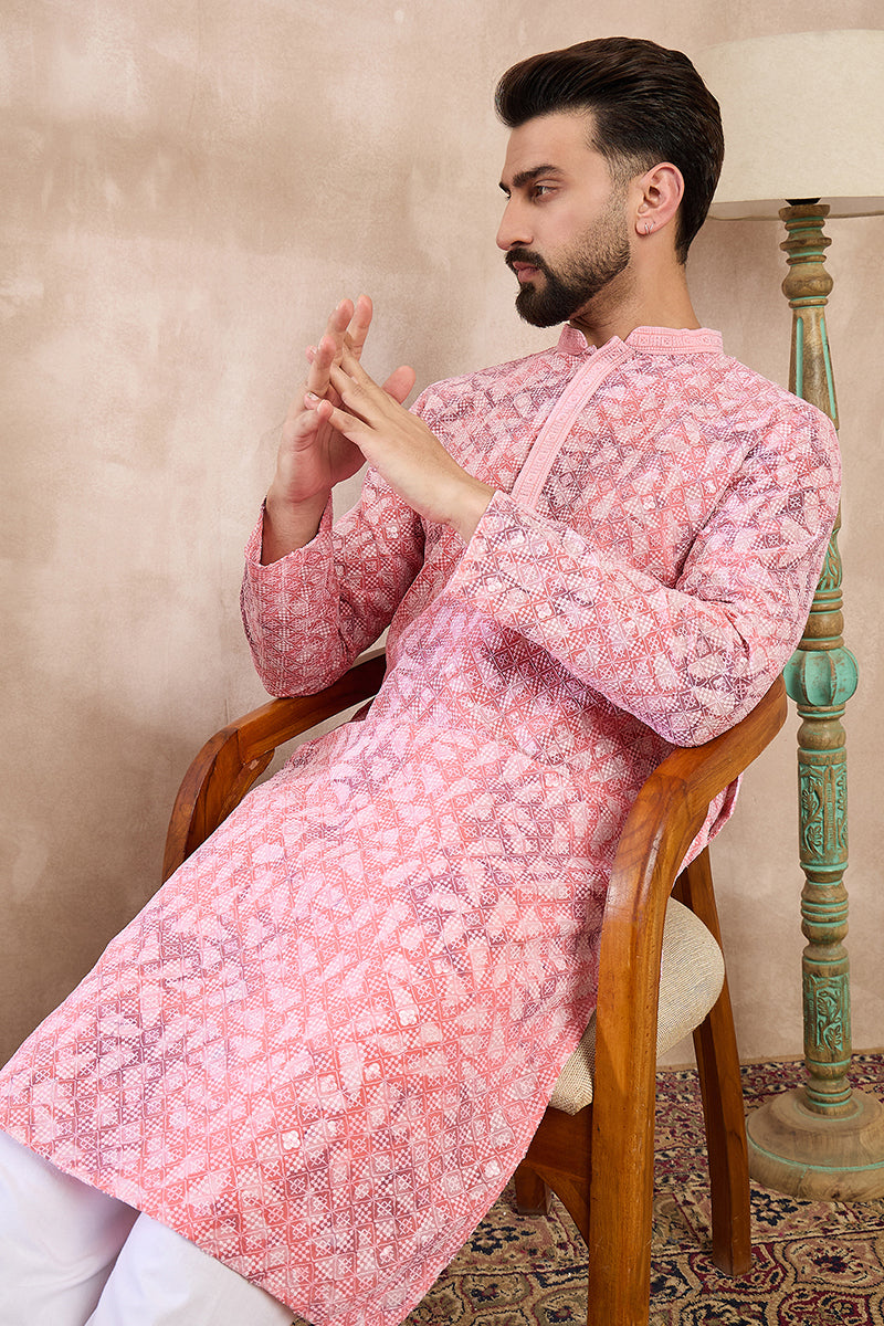 Pink Viscose Rayon Ethnic Motifs Embroidered Straight Kurta With Trouser