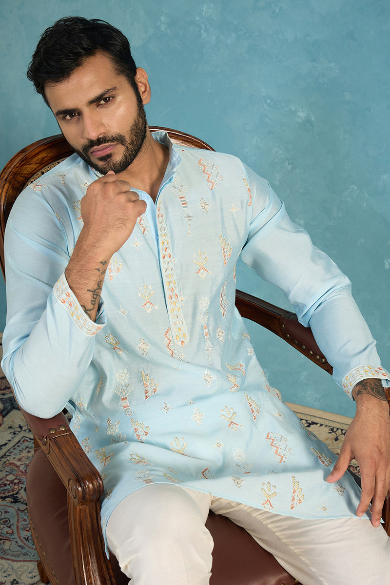 Silk Blend Blue Solid Embroidered Calf Length Straight Kurta