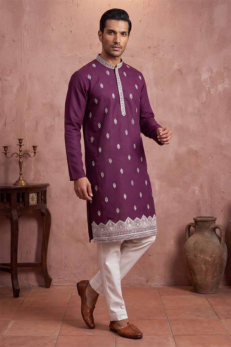 Silk Blend Purple Solid Embroidered Calf Length Straight Kurta With Trousers