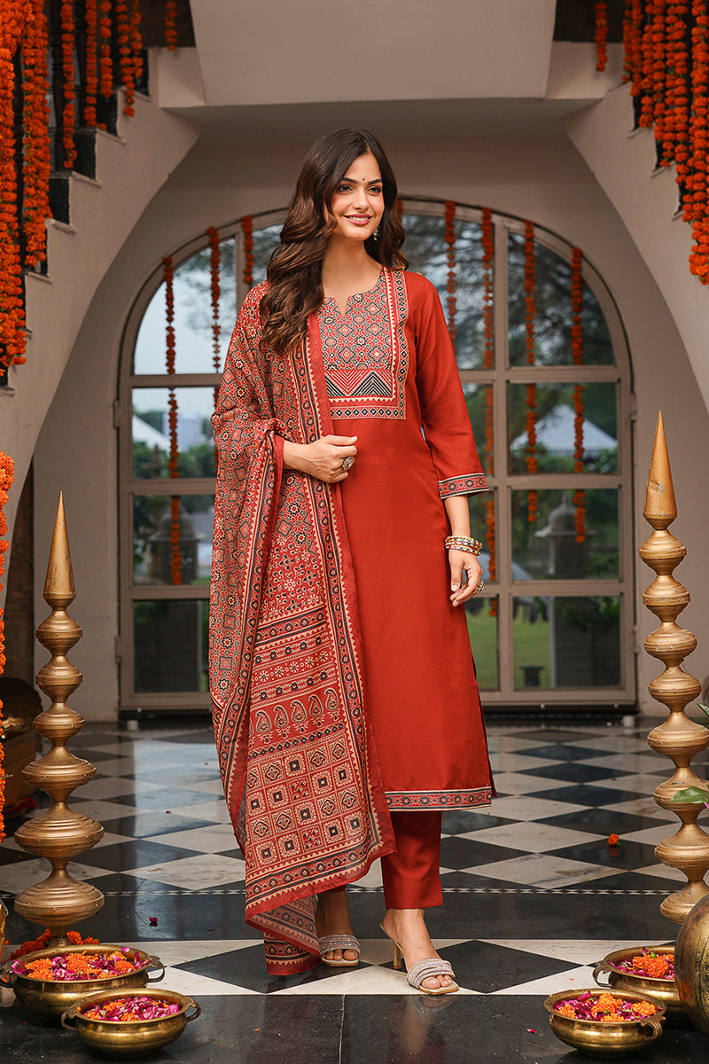 brown rayon blend ajrakh printed straight kurta trousers with dupatta 