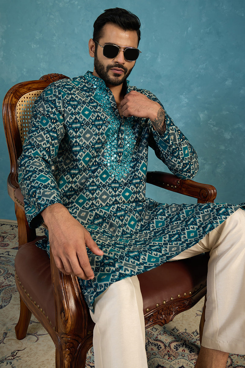 Mens Sea Green Silk Blend Ethnic Motifs Ikat Printed Kurta