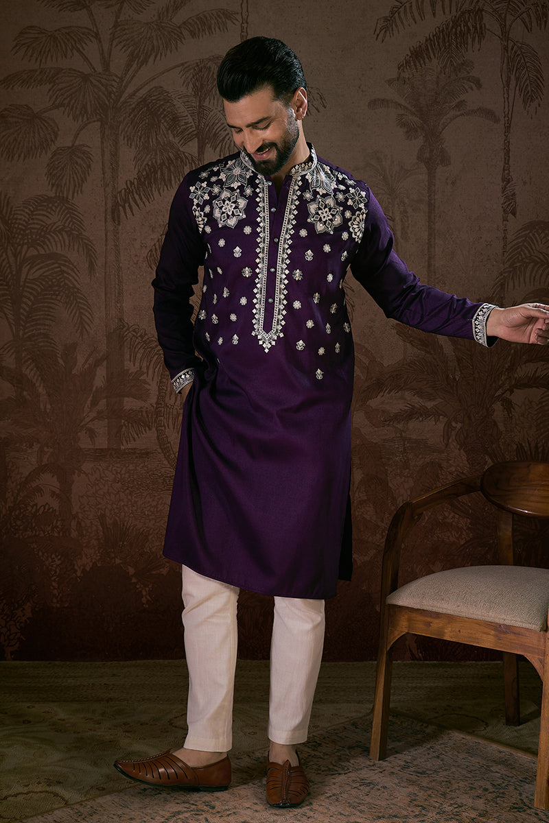 Purple Silk Blend Solid Embroidered Straight Kurta