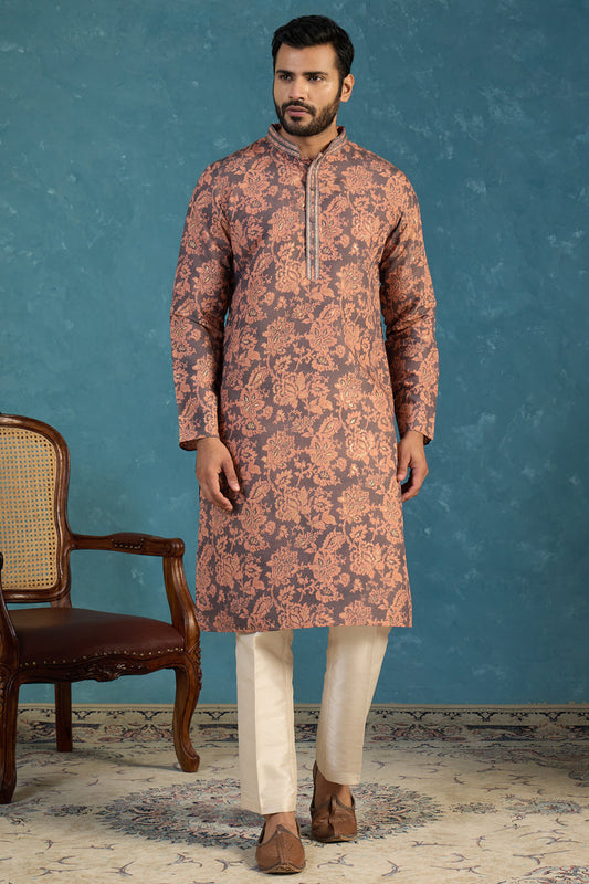 Mens Grey Modal Floral Printed Calf Length Straight Regular Kurta