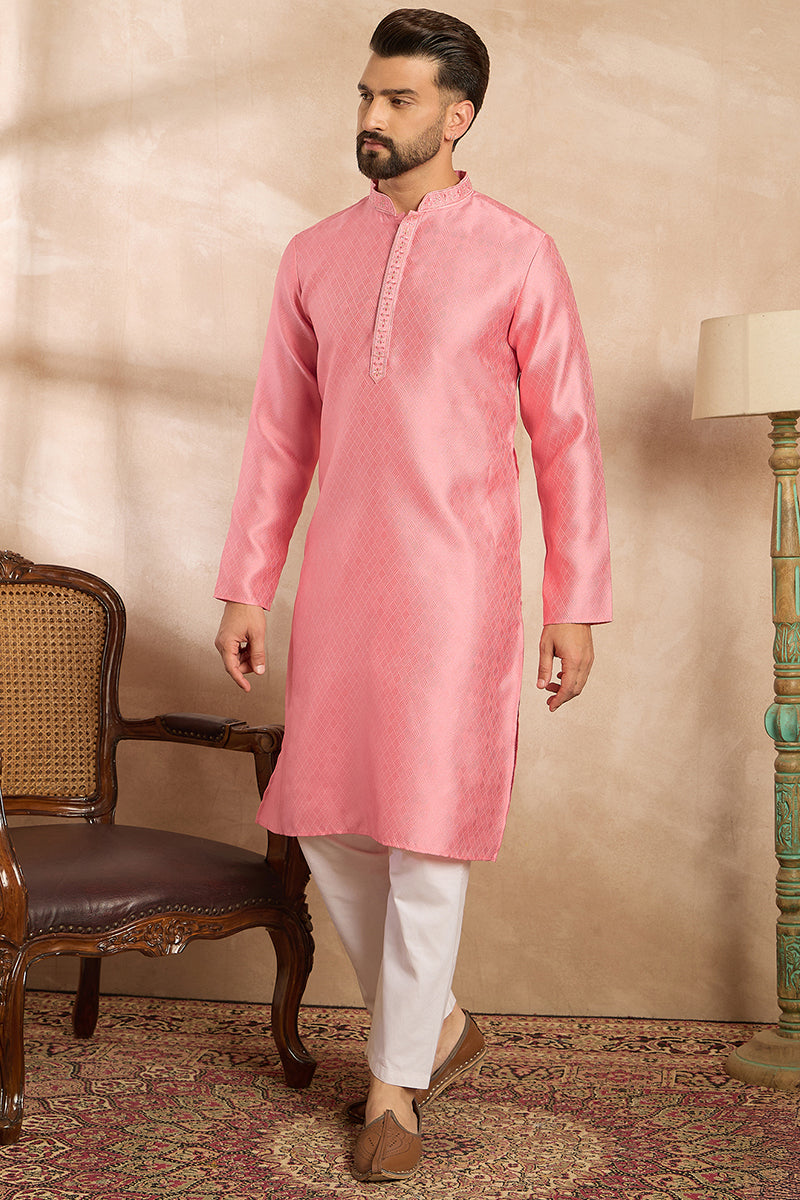 Pink Polyester Solid Embroidered Straight Kurta With Trouser