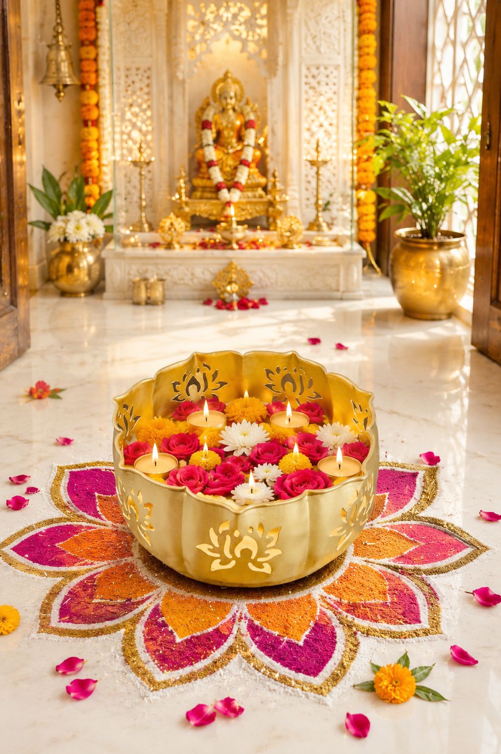 premium hanging lotus urli bowl decorative metal hanging flower urli for floating flowers water candles traditional hanging urli for diwali pooja wedding home decoration