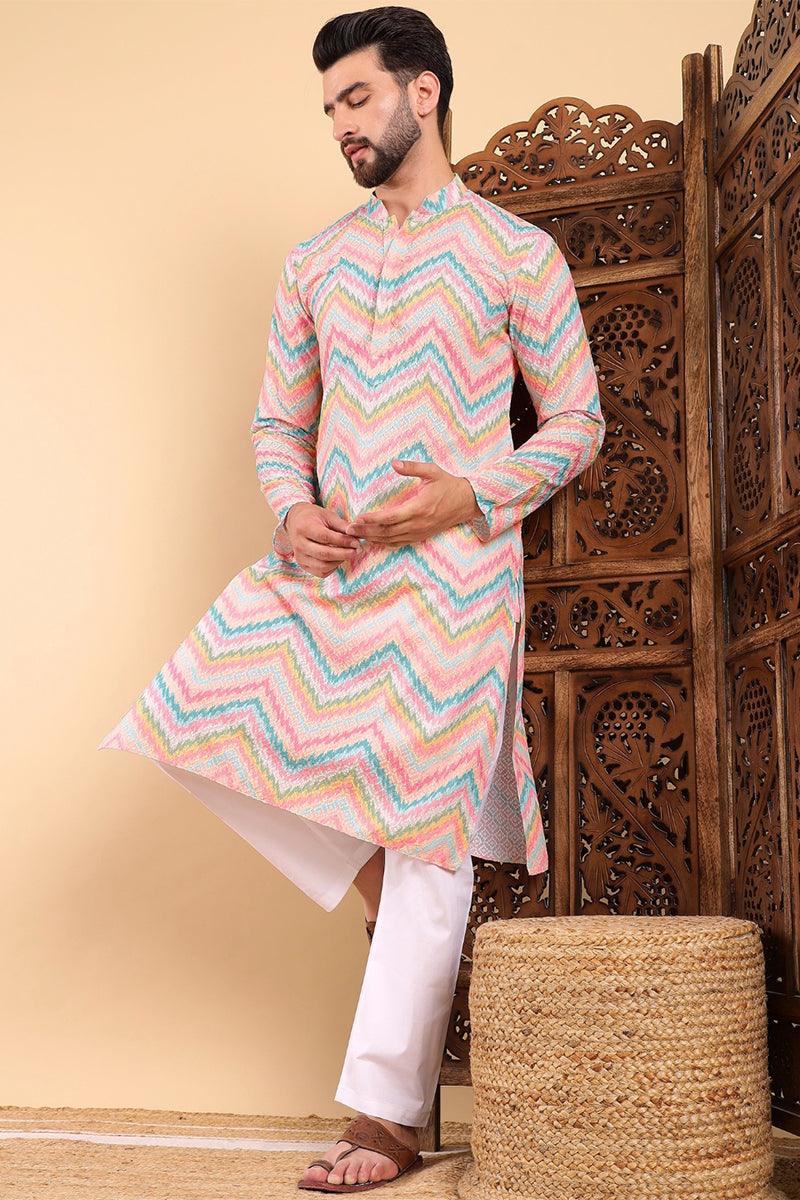 teal viscose rayon chevron embroidered straight kurta for men