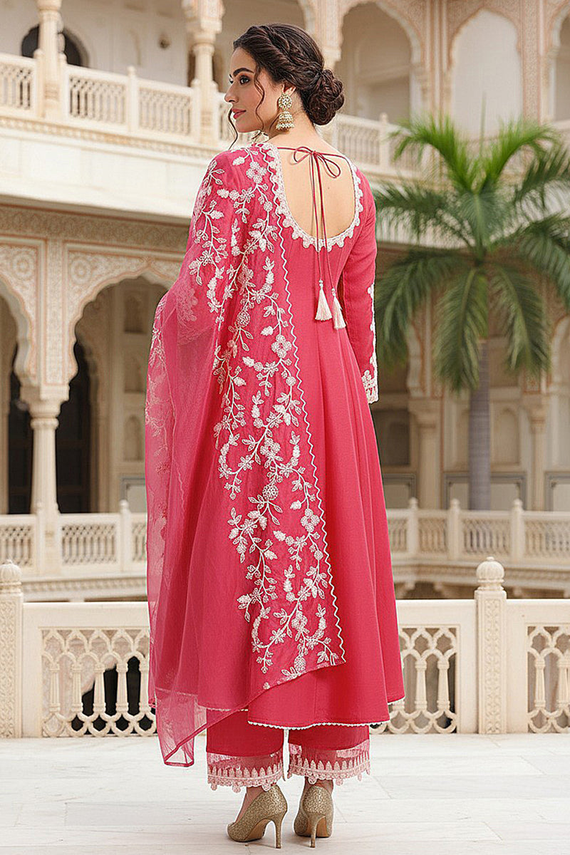 pink silk blend solid embroidered flared suit set pkskd2071