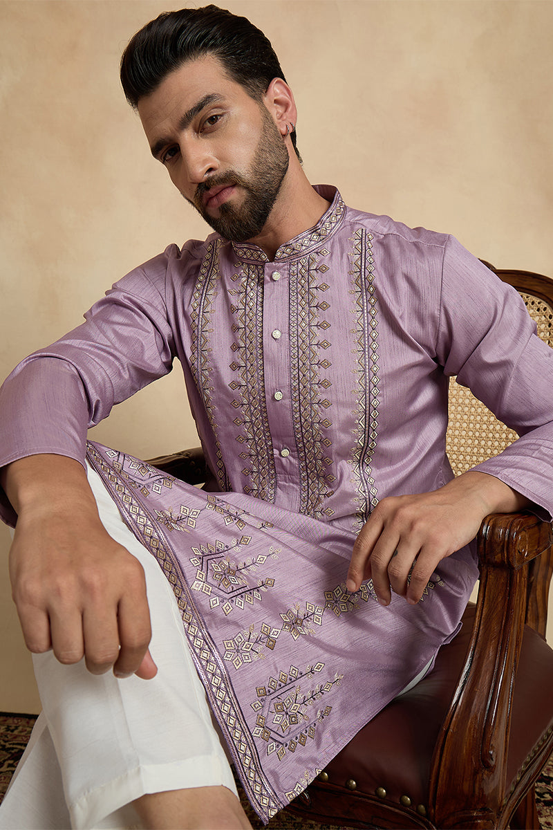 Mens Lavender Silk Blend Solid Embroidered Straight Kurta