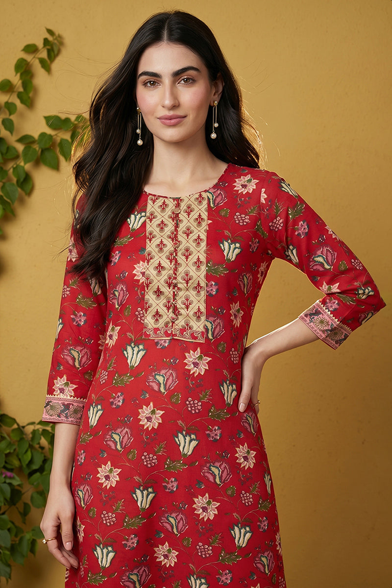 rayon red floral digital printed regular kurta vck9821