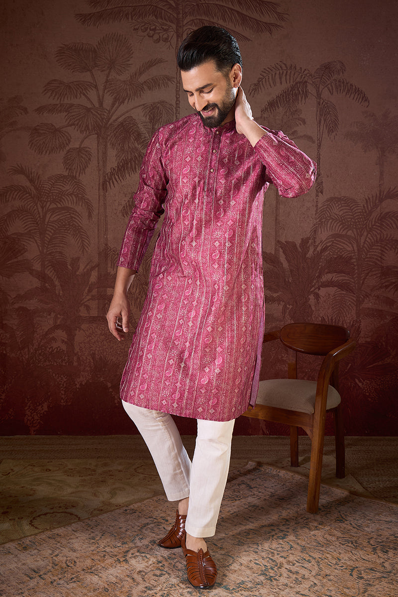 Maroon Silk Blend Ethnic Motifs Printed Straight Kurta