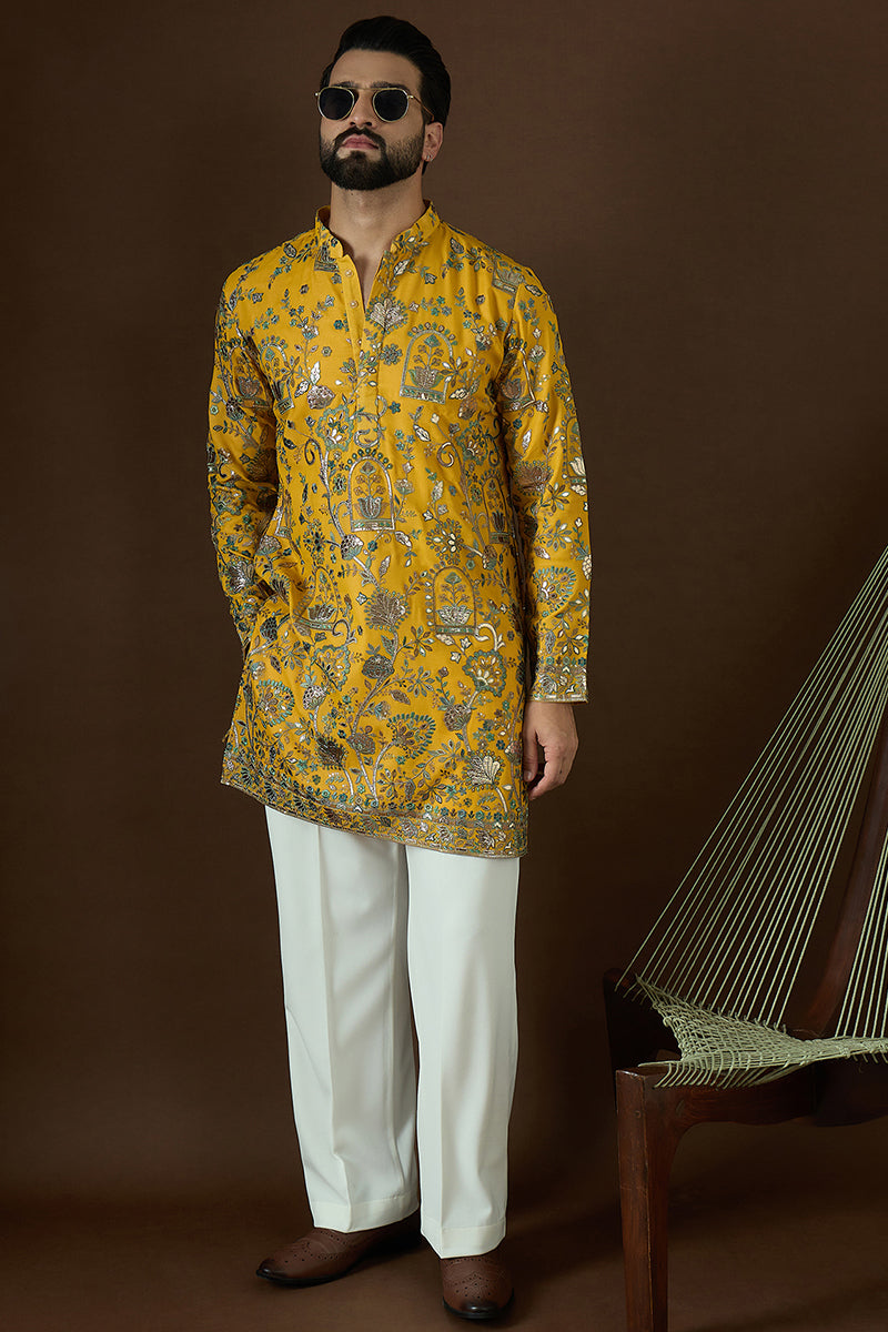 Yellow Georgette Solid Embroidered Straight Kurta Sets MKSET1873