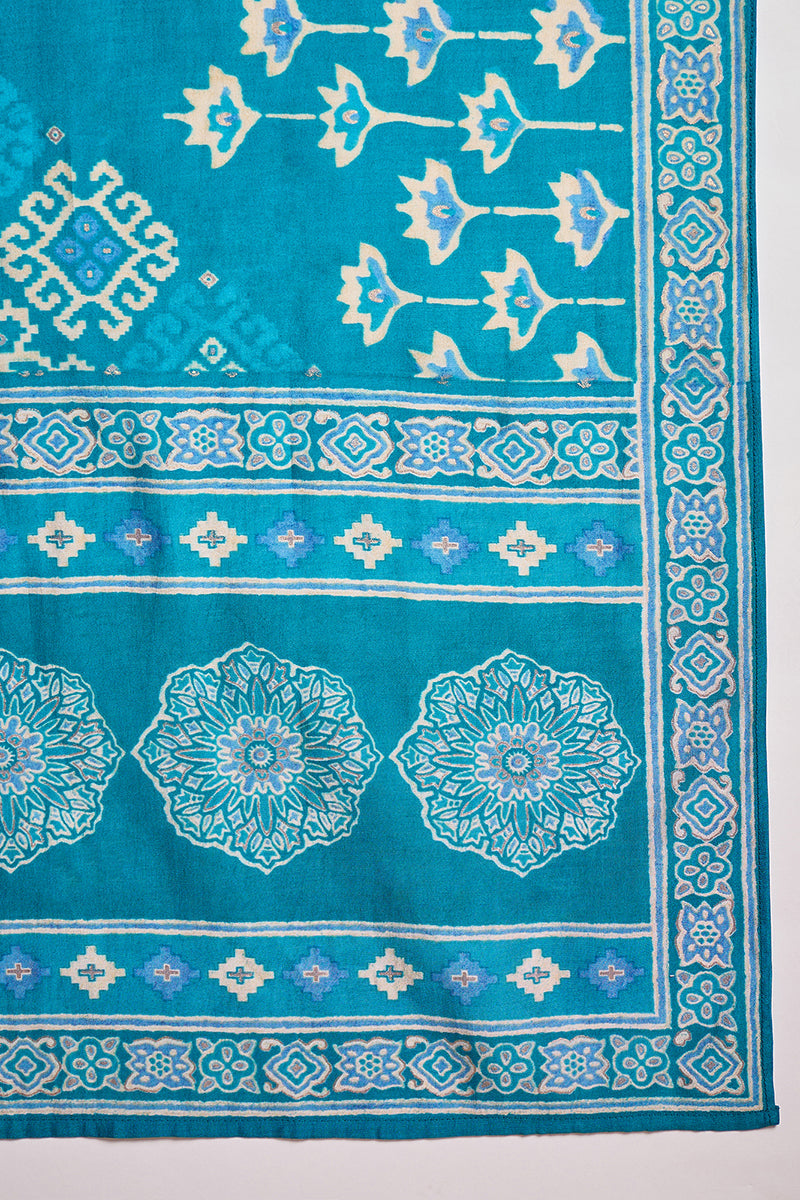 silk blend ethnic motifs printed blue kurta and trousers with dupatta pkskd3230
