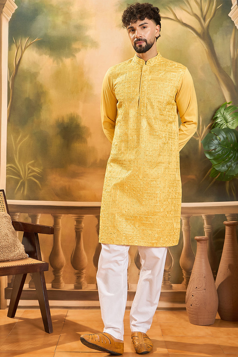 yellow silk blend solid embroidered straight kurta