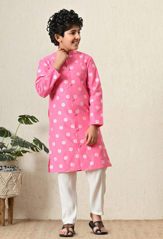 Indi Loom Couture Boys Pink Jacquard Royal  Kurta with White Pant Set ILBKS52
