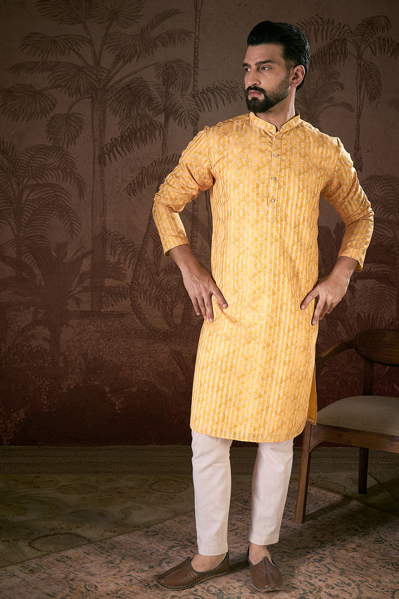 Yellow Silk Blend Ethnic Motifs Printed Straight Kurta With Trouser
