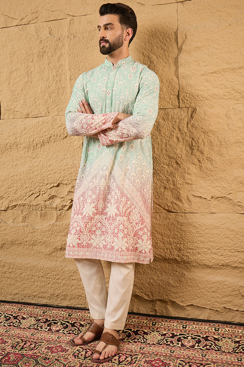 Teal Viscose Rayon Ethnic Motifs Embroidered Straight Kurta with Trouser