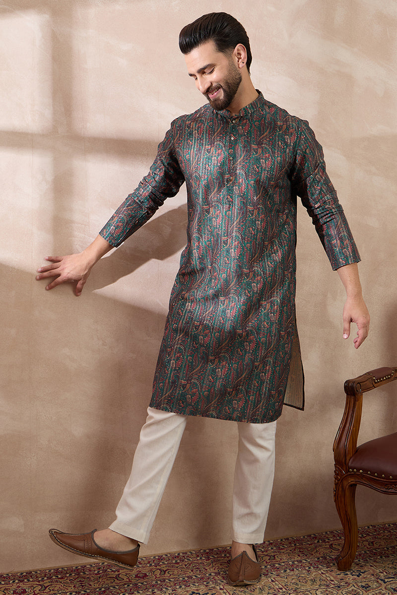 Green Silk Blend Printed Mandarin Collar Straight Kurta