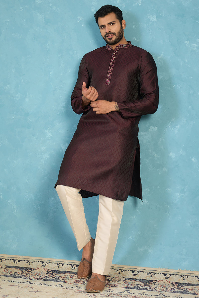 Mens Purple Silk Blend Woven Design Straight Kurta With Trouser