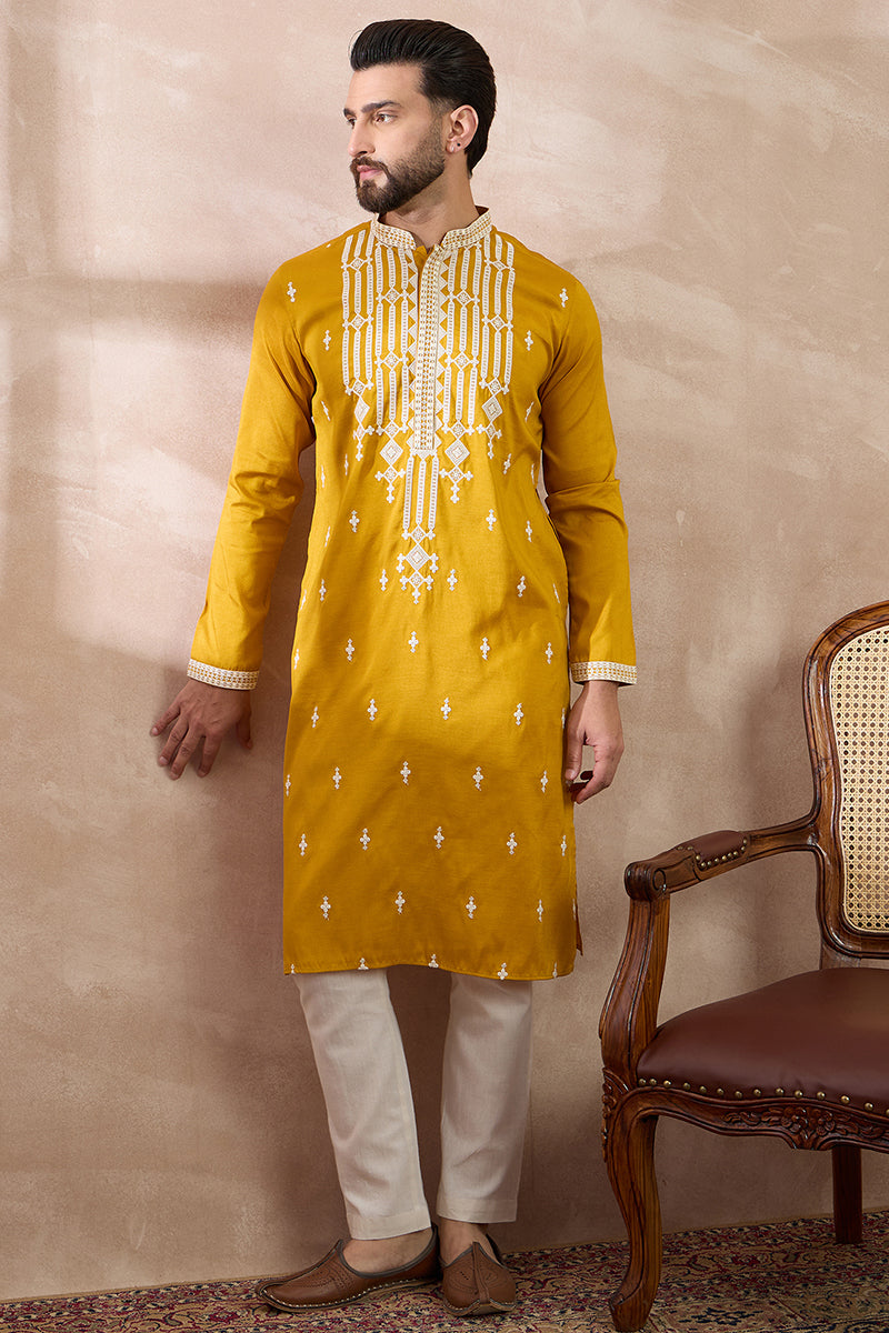 Yellow Silk Blend Embroidered Mandarin Collar Straight Kurta