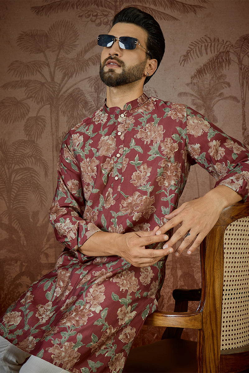 Mens Maroon Silk Blend Floral Printed Kurta With Trouser