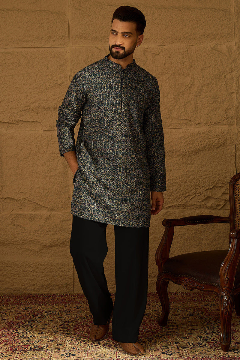 Navy Blue Viscose Rayon Geometric Printed Straight Kurta