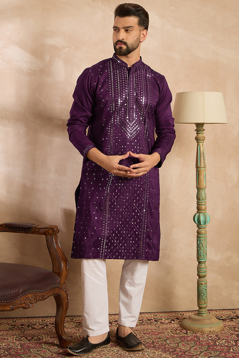 Purple Silk Blend Geometric Embroidered Straight Kurta With Trouser