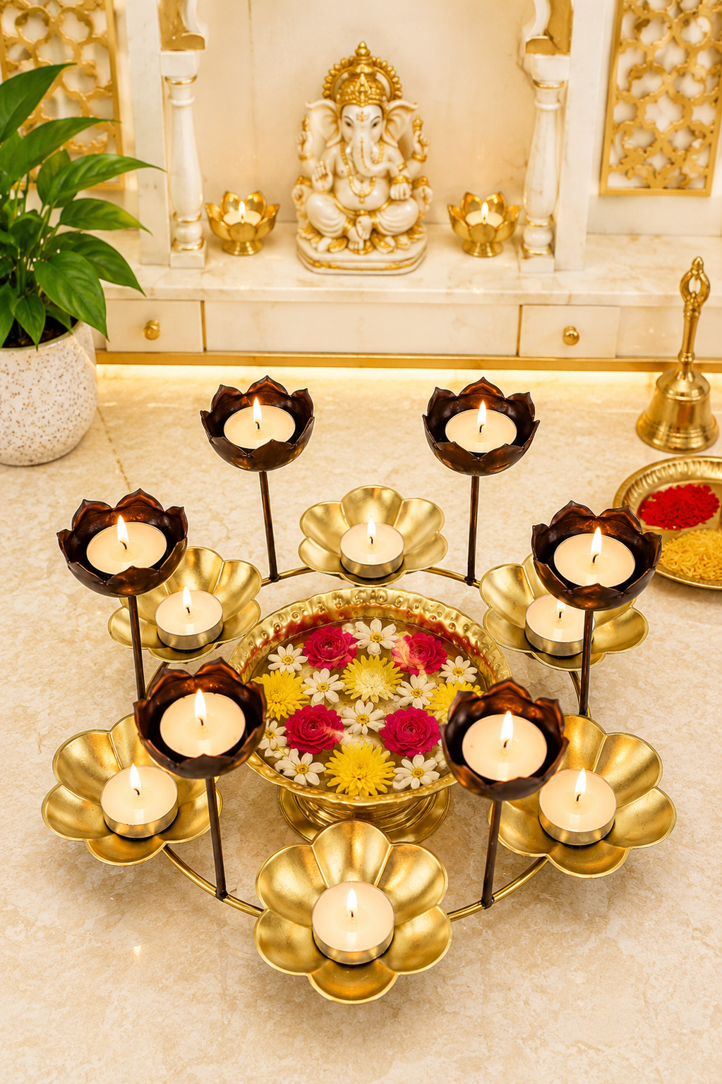 premium lotus urli bowl with elevated tea light holders decorative hammered metal floating flower bowl gold finish candle centerpiece for diwali pooja weddings festivals home decor