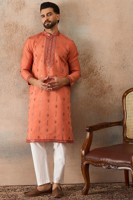 Mens Orange Silk Blend Solid Embroidered Kurta