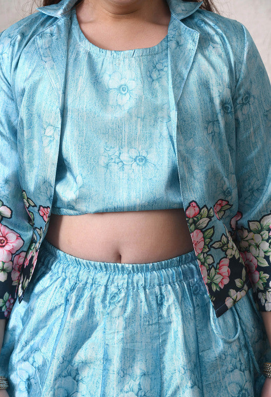 Indi Loom Couture Girls Sky Blue Floral Printed Crop Top with Jacket & Flared Skirt Co Ord Set ILLCJ48