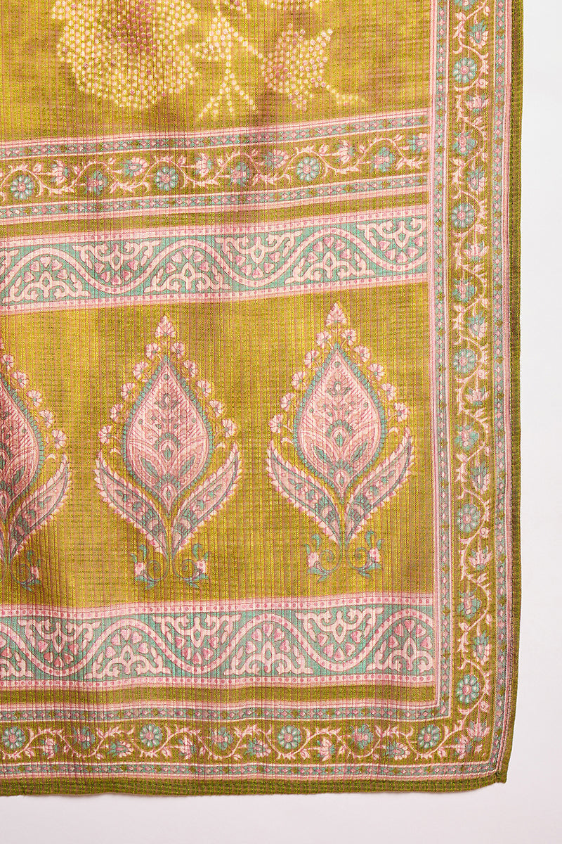 green silk blend floral printed straight kurta trouser with dupatta