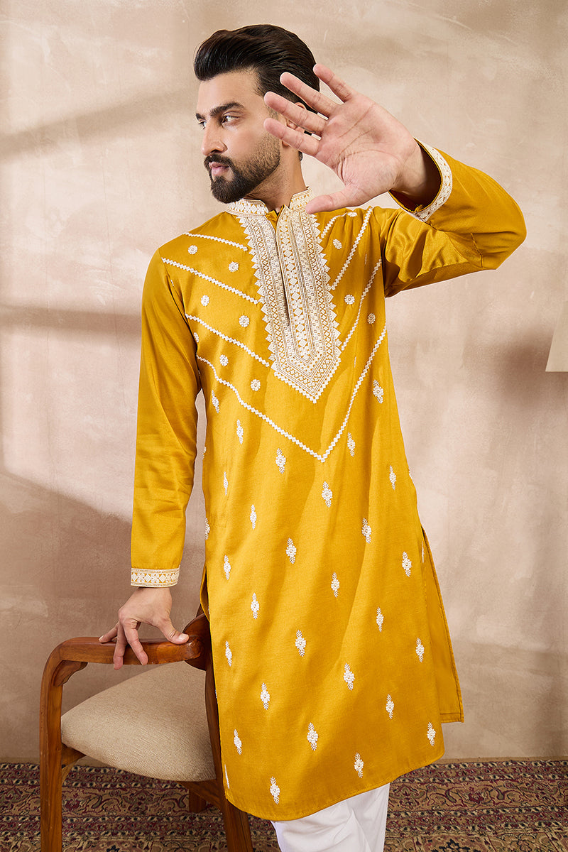Yellow Silk Blend Ethnic Motifs Embroidered Straight Kurta With Trouser