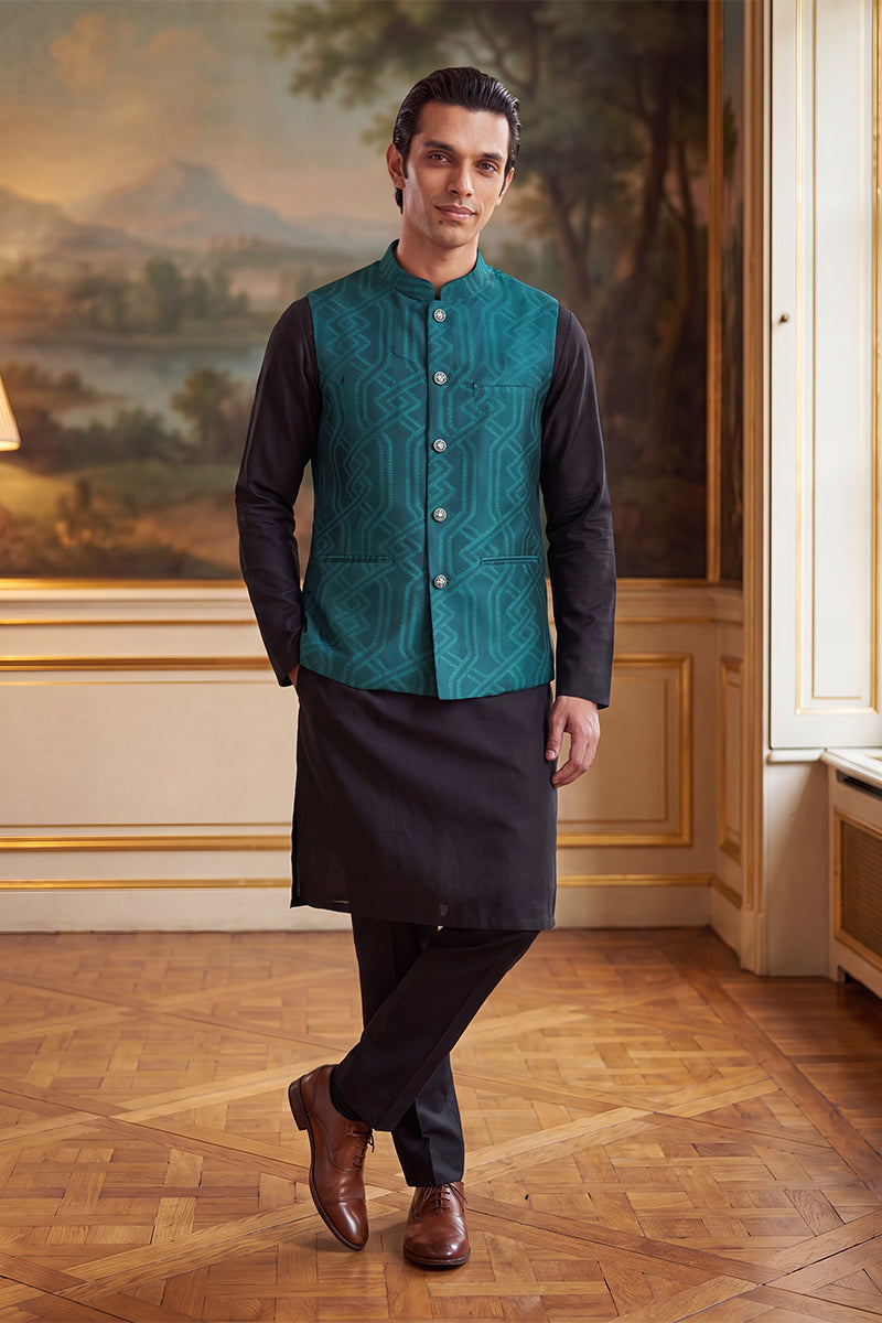 Mens Green Jacquard Woven Design Solid Koti
