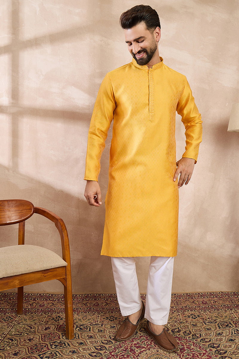 Yellow Silk Blend Solid Embroidered Straight Kurta With Trouser MKSET1737