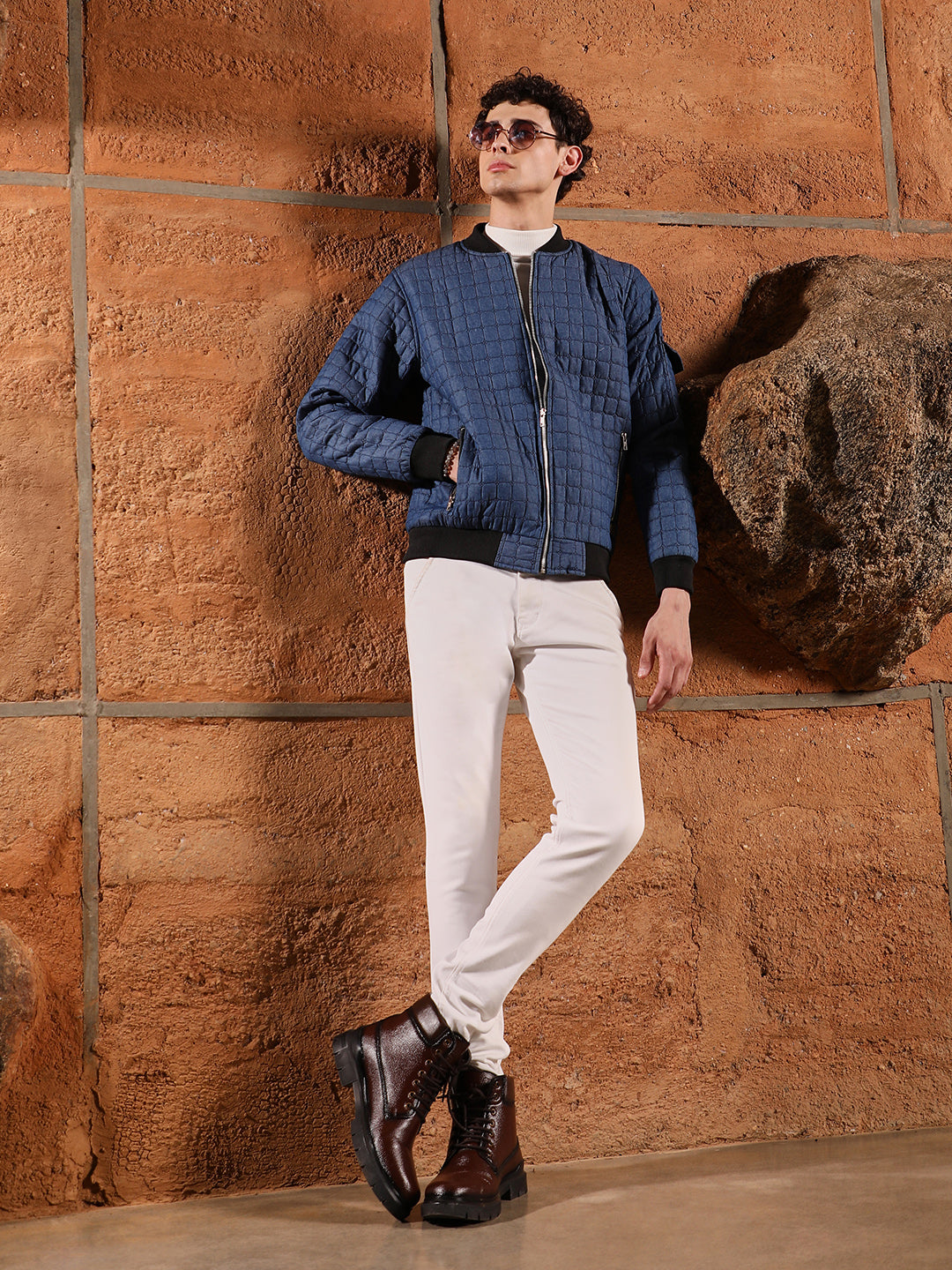 Mens Indigo Blue Cubic Quilted Bomber Jacket