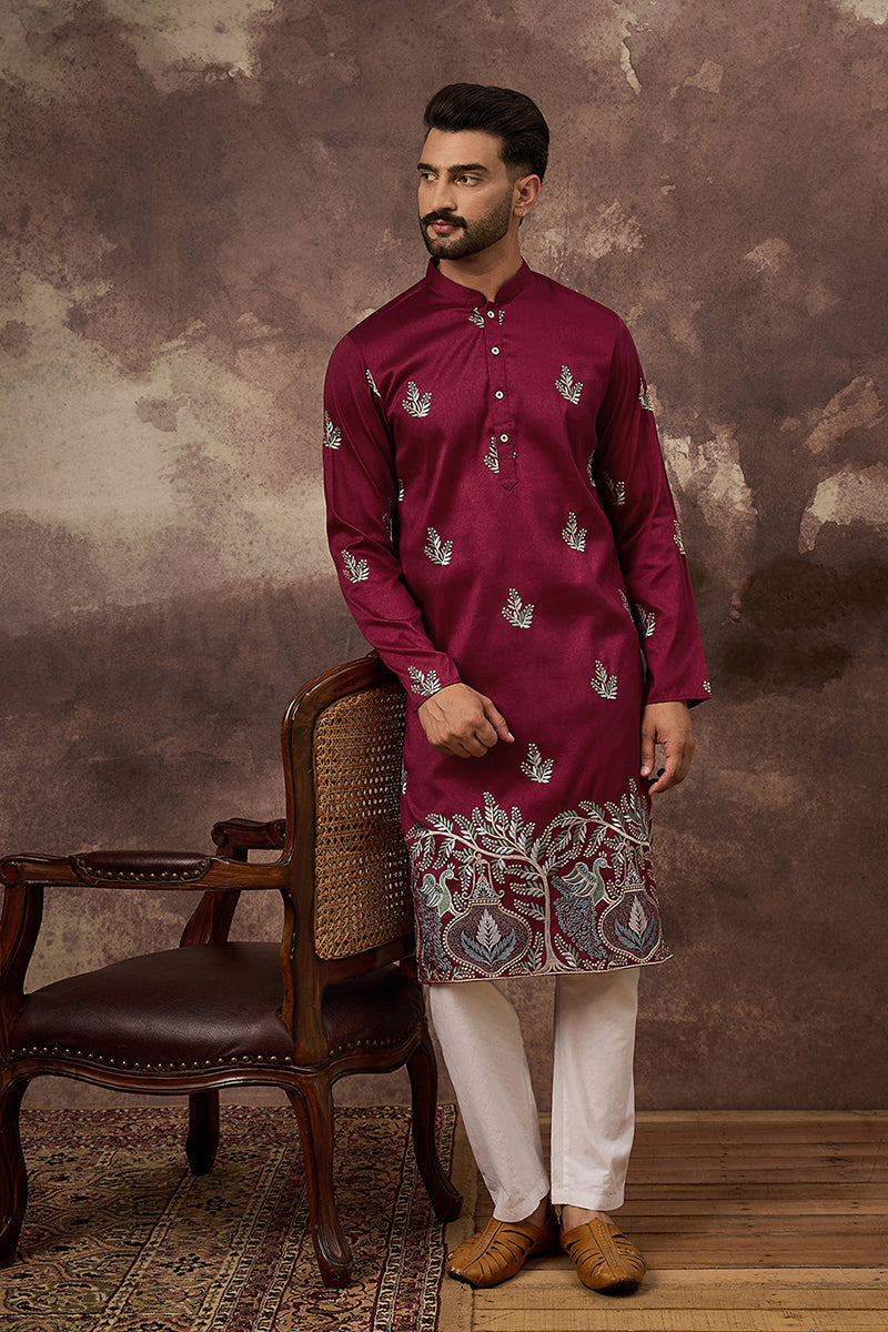maroon silk blend solid embroidered straight kurta with trouser