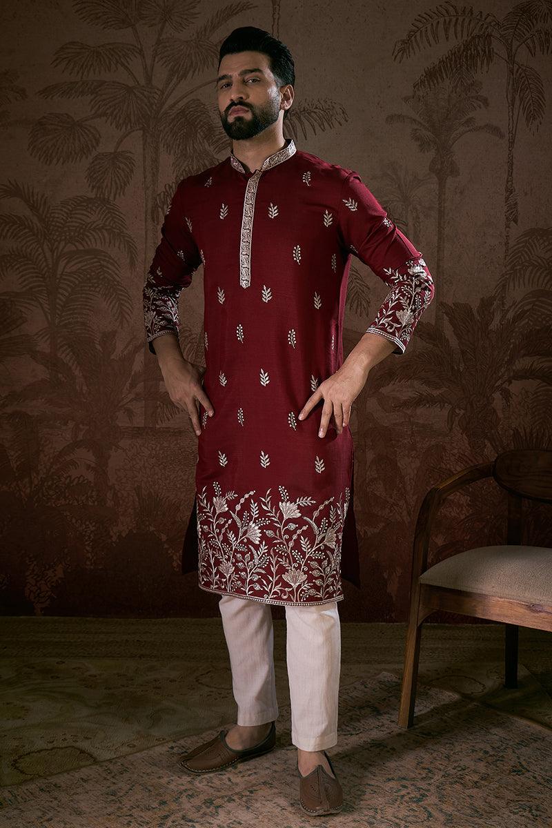 Maroon Silk Blend Solid Embroidered Straight Kurta With Trouser
