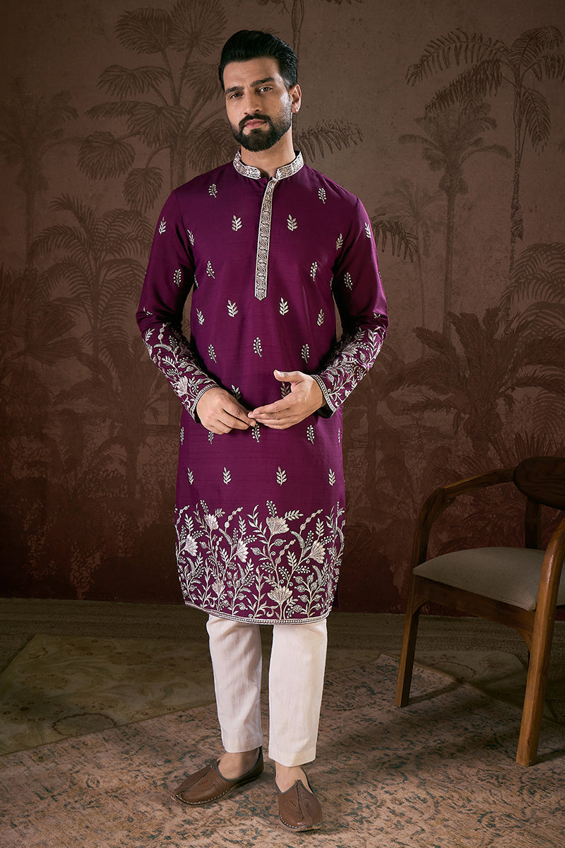Purple Silk Blend Solid Embroidered Straight Kurta With Trouser