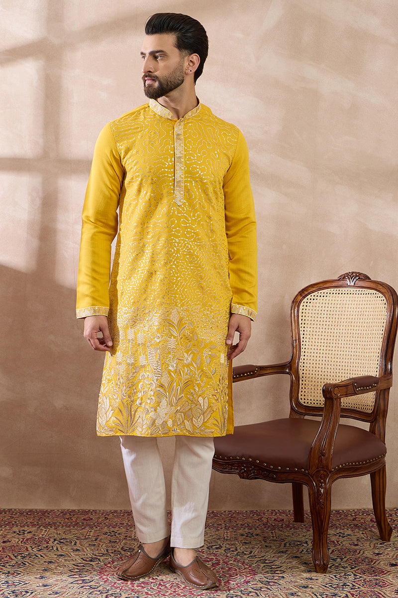 Yellow Silk Blend Embroidered Mandarin Collar Straight Kurta With Trouser