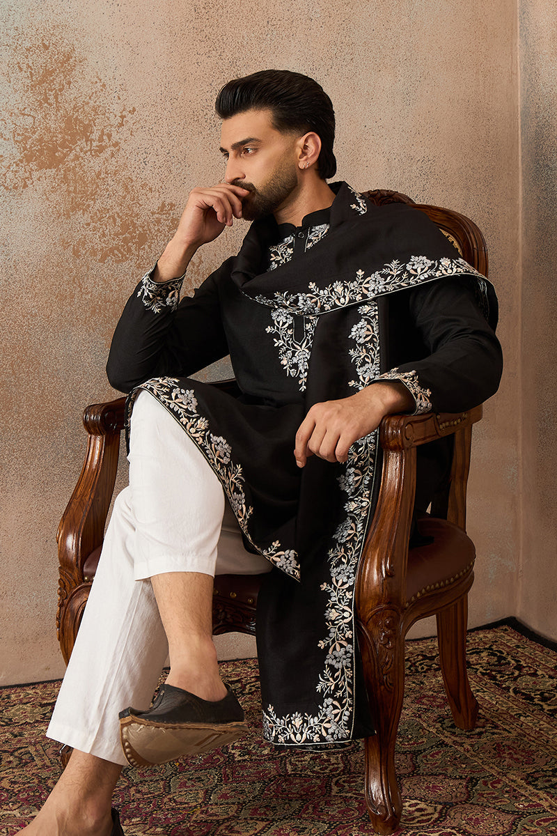 Mens Black Silk Blend Solid Embroidered Kurta With Dupatta