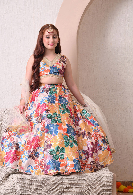 Indi Loom Couture Girls Cream Multi Floral Printed Lehenga Choli with Dupatta ILLCD33