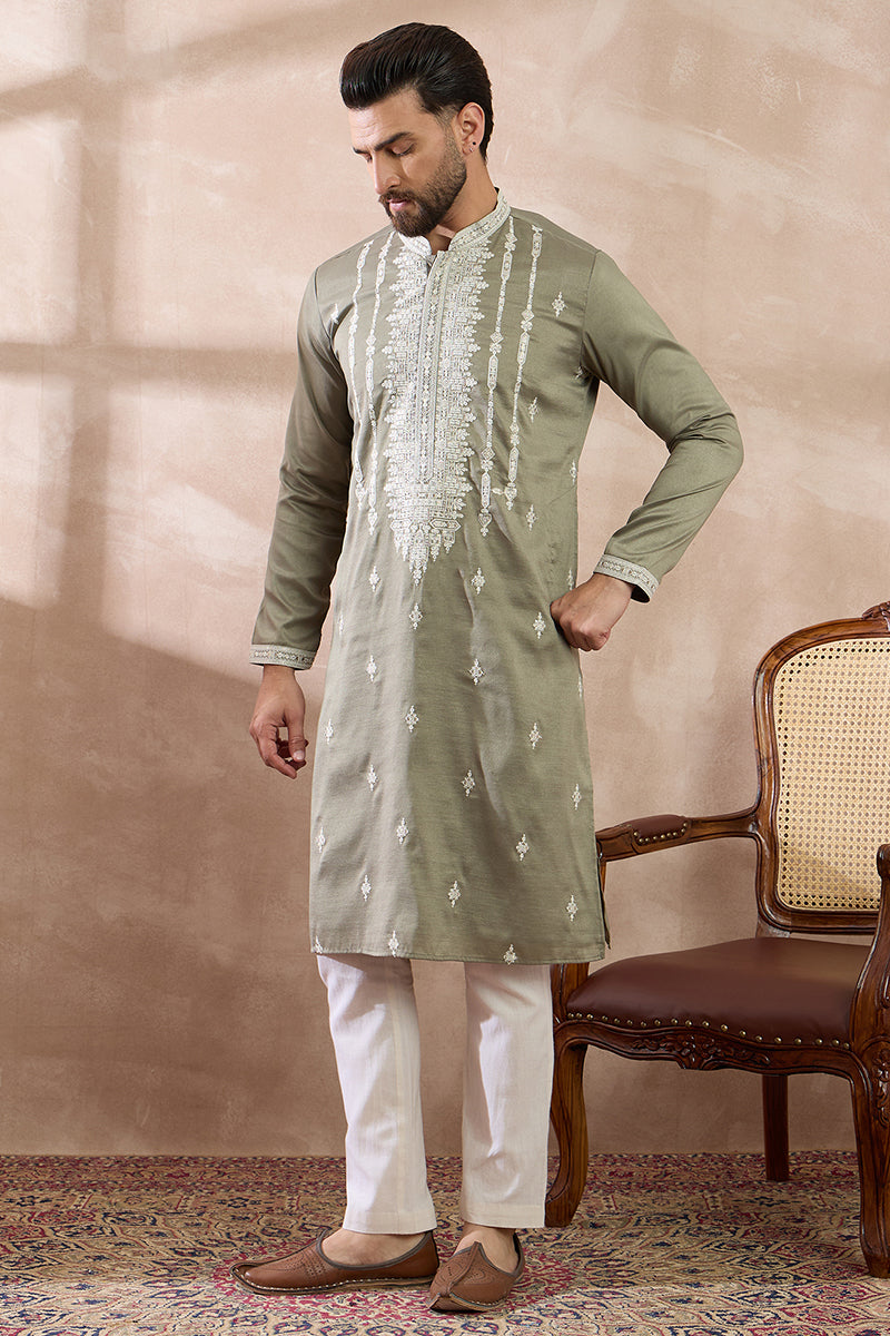 Green Silk Blend Embroidered Mandarin Collar Straight Kurta