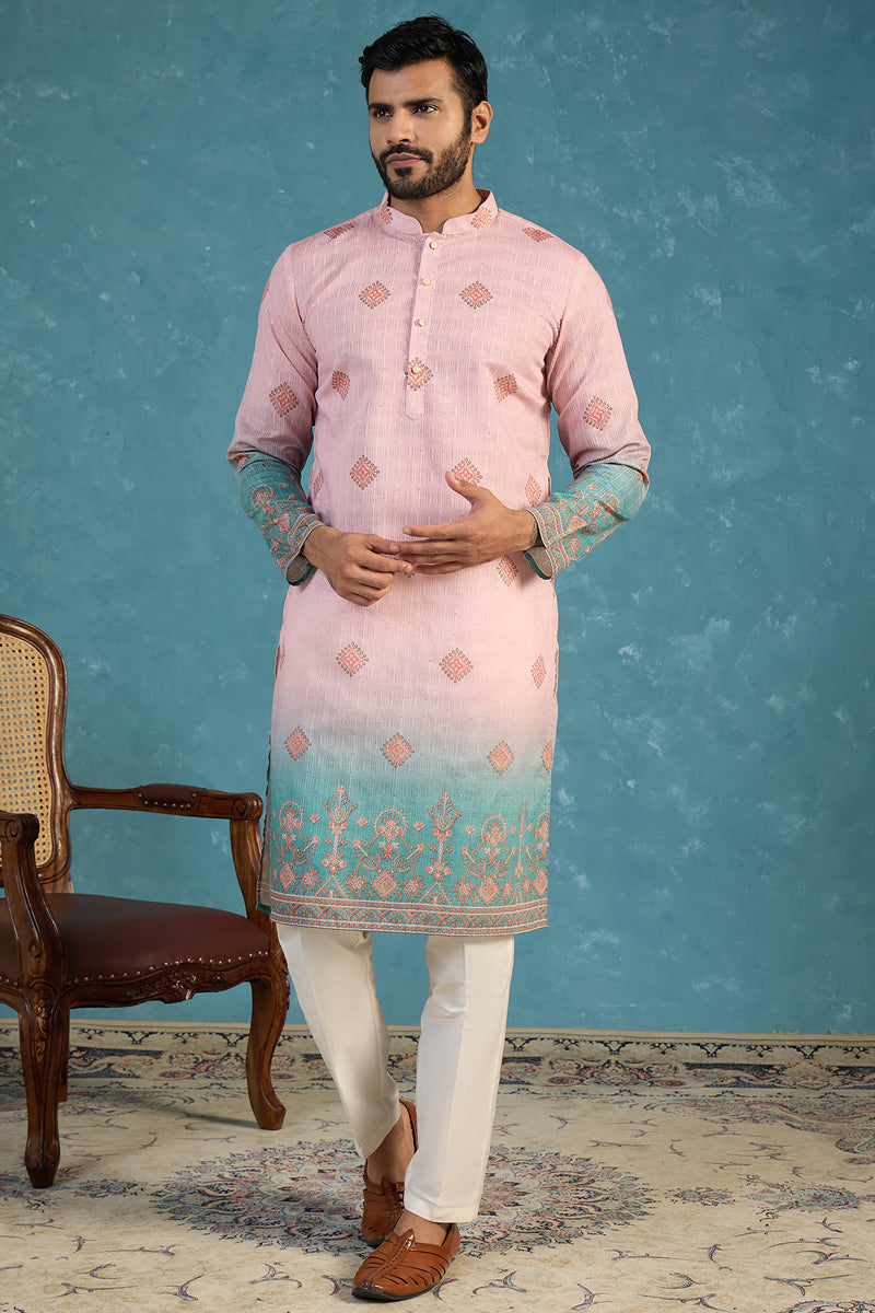 Mens Peach Silk Blend Woven Design Calf Length Straight Regular Kurta With Trouser