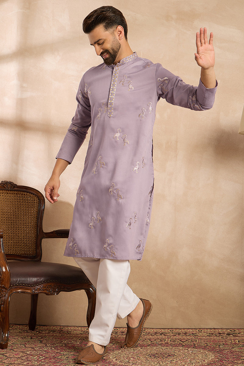 Lavender Silk Blend Solid Embroidered Straight Kurta With Trouser