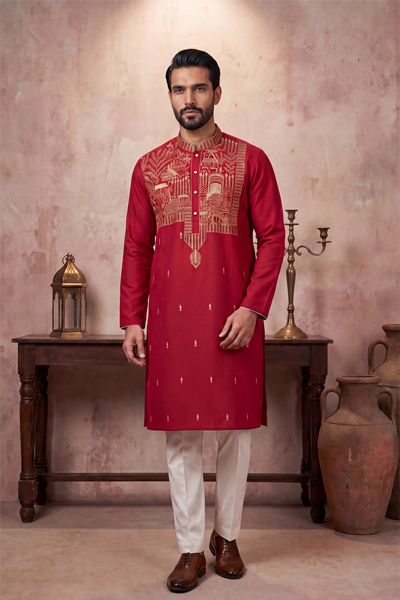 Mens Red Silk Blend Solid Emboidered Straight Kurta With Trouser MKSET2375