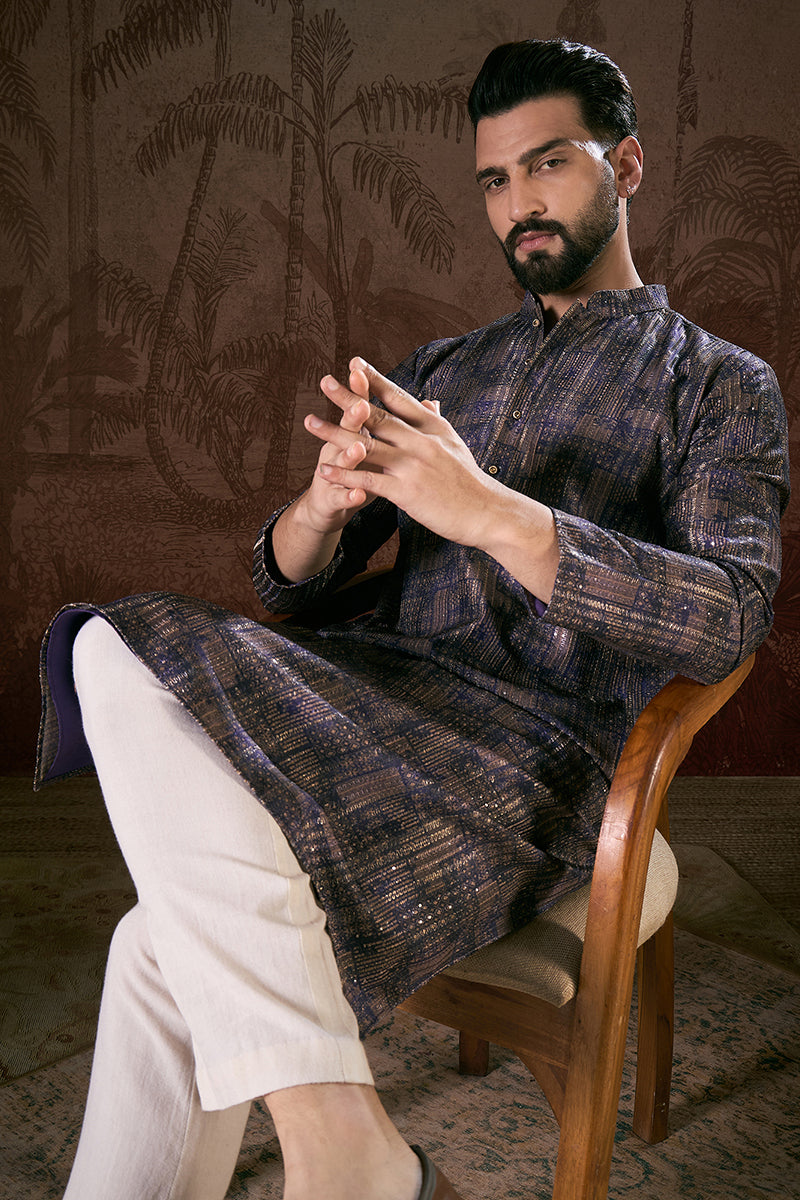 Violet Silk Blend Abstract Printed Straight Kurta